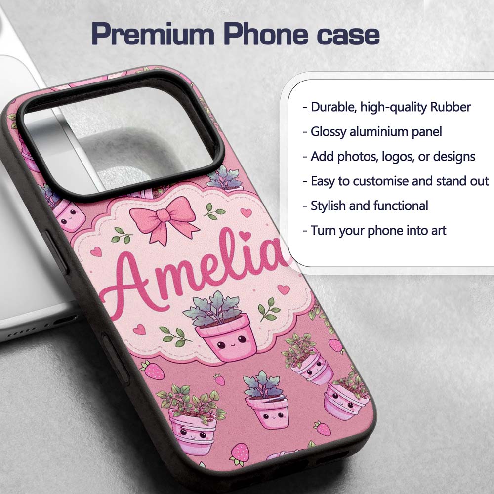 Cute Pink Plant Pots Leaves Strawberry Seamless Custom Name Protective Phone Case Mobile Cover Durable Everyday Smartphone Shock Resistant