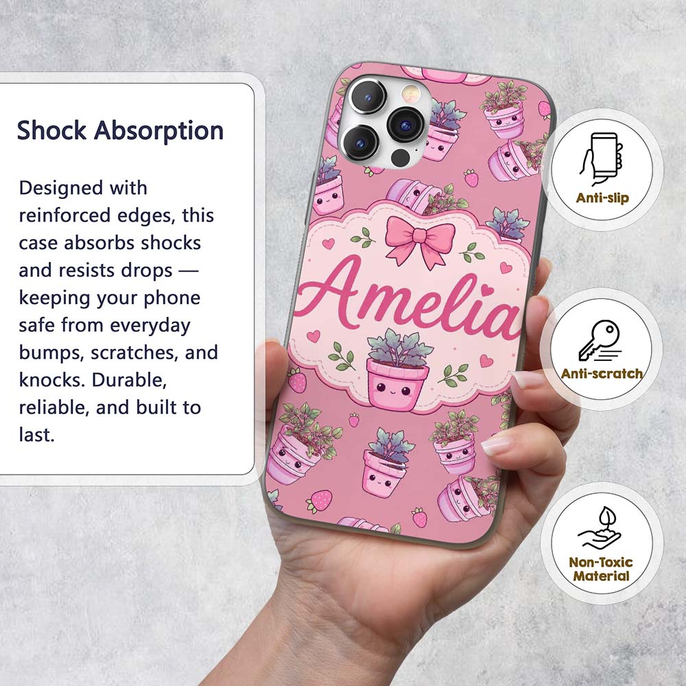Cute Pink Plant Pots Leaves Strawberry Seamless Custom Name Protective Phone Case Mobile Cover Durable Everyday Smartphone Shock Resistant