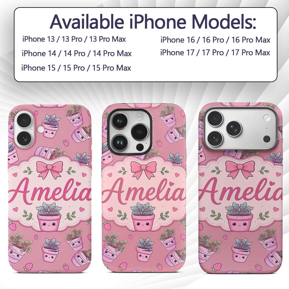 Cute Pink Plant Pots Leaves Strawberry Seamless Custom Name Protective Phone Case Mobile Cover Durable Everyday Smartphone Shock Resistant
