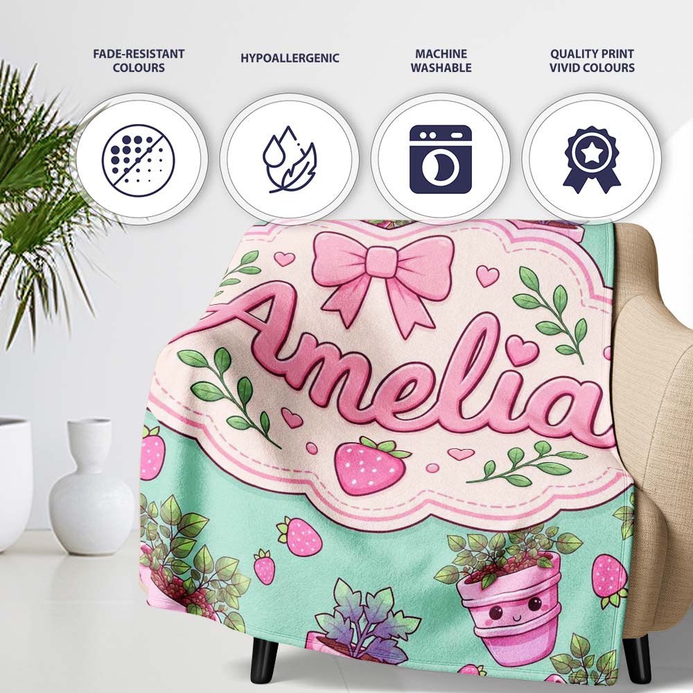 Cute Pink Plant Pots Leaves Strawberry Seamless Pattern Mint Lovely Personalised Custom Name Super Soft Fleece Blanket Bed Sofa Throw