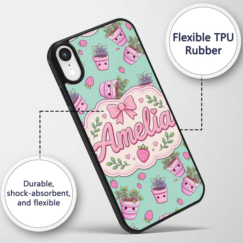 Cute Pink Plant Pots Leaves Strawberry Seamless Custom Name Protective Phone Case Mobile Cover Durable Everyday Smartphone Shock Resistant