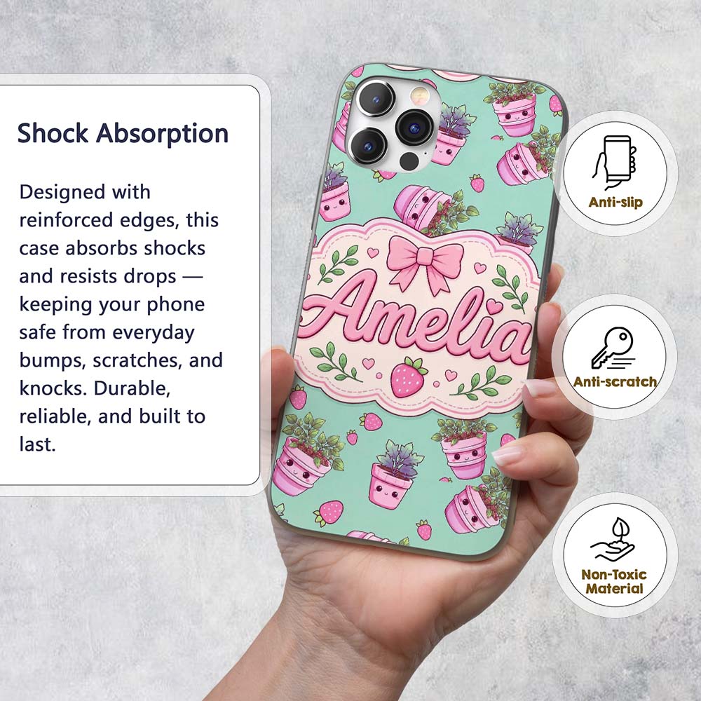 Cute Pink Plant Pots Leaves Strawberry Seamless Custom Name Protective Phone Case Mobile Cover Durable Everyday Smartphone Shock Resistant