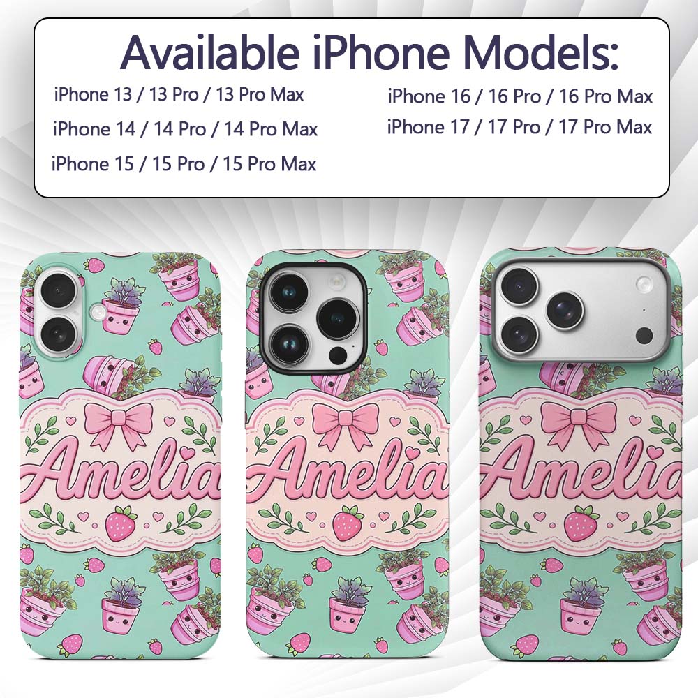 Cute Pink Plant Pots Leaves Strawberry Seamless Custom Name Protective Phone Case Mobile Cover Durable Everyday Smartphone Shock Resistant