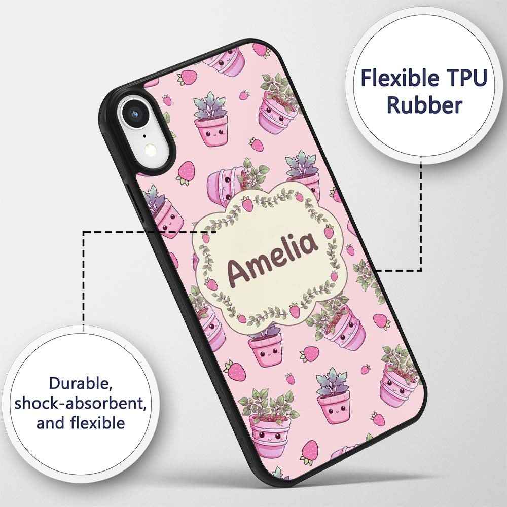 Cute Pink Plant Pots Leaves Strawberry Seamless Custom Name Protective Phone Case Mobile Cover Durable Everyday Smartphone Shock Resistant