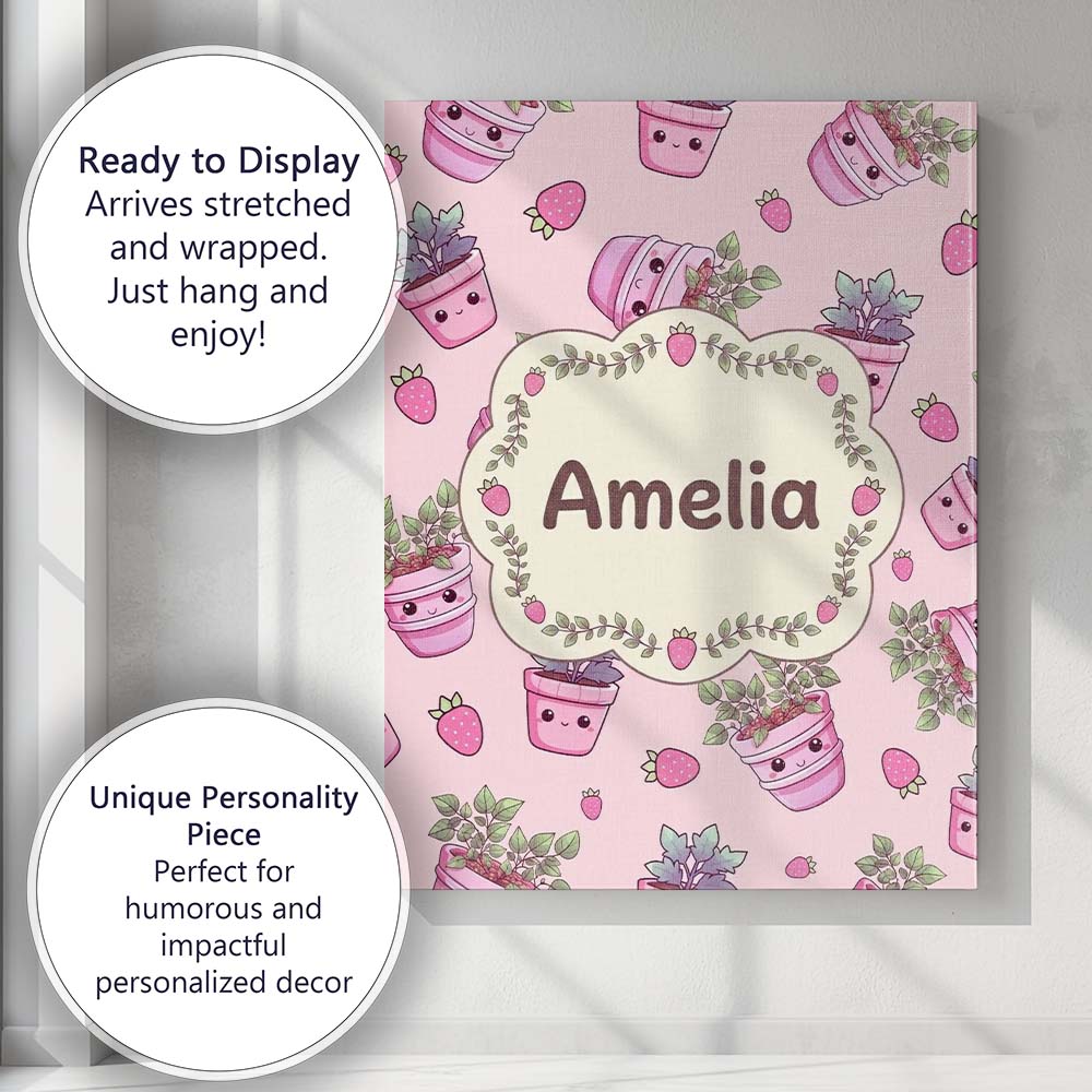 Personalised Name Cute Pink Plant Pots Custom Modern Room Accent Elegant Feature Canvas Wall Art Print Decor Picture Ready to Hang