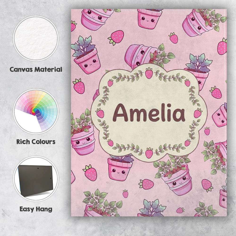 Personalised Name Cute Pink Plant Pots Custom Modern Room Accent Elegant Feature Canvas Wall Art Print Decor Picture Ready to Hang