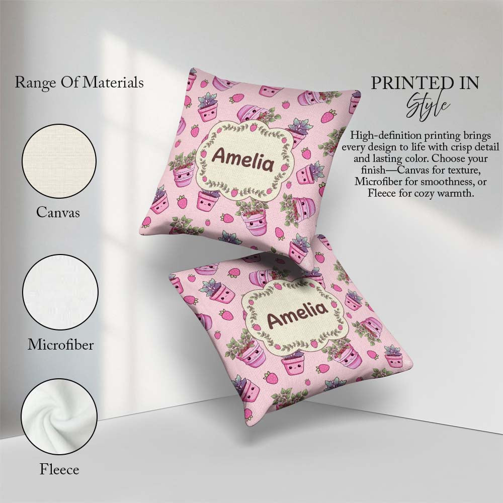Custom Name Cute Pink Plant Pots Leaves Strawberry Pattern Blush Square Filled Cushion Throw Pillow Sofa Bed Home Decor Zip Washable UK Made