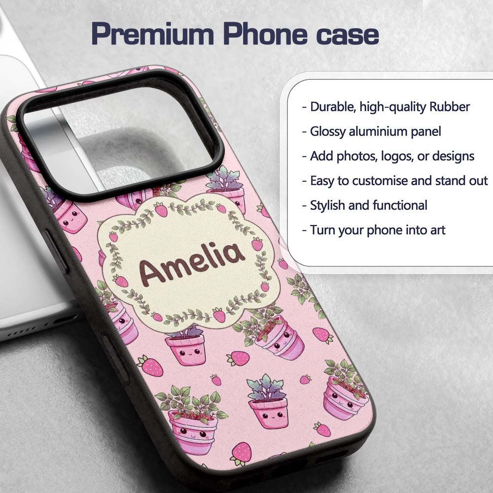 Cute Pink Plant Pots Leaves Strawberry Seamless Custom Name Protective Phone Case Mobile Cover Durable Everyday Smartphone Shock Resistant