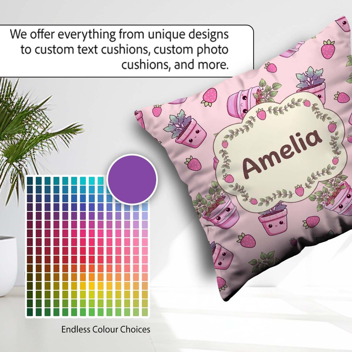 Custom Name Cute Pink Plant Pots Leaves Strawberry Pattern Blush Square Filled Cushion Throw Pillow Sofa Bed Home Decor Zip Washable UK Made