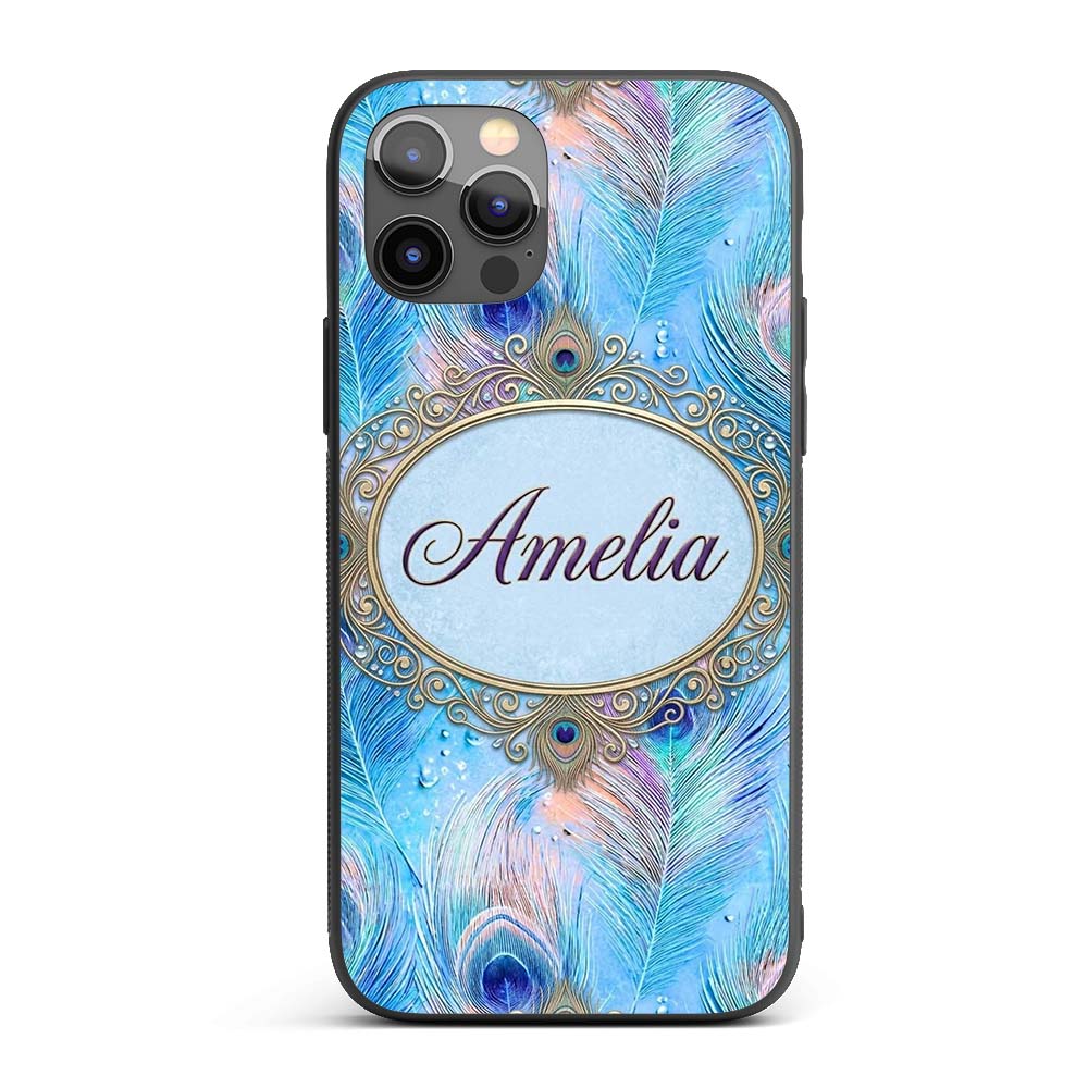 Peacock Feather Iridescent Blue Printed Design Custom Name Protective Phone Case Mobile Cover Durable Everyday Smartphone Shock Resistant