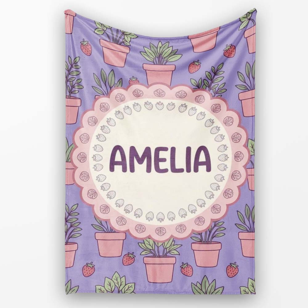 Cute Pink Plant Pots Leaves Strawberry Seamless Pattern Lavender Personalised Custom Name Super Soft Fleece Blanket Bed Sofa Throw