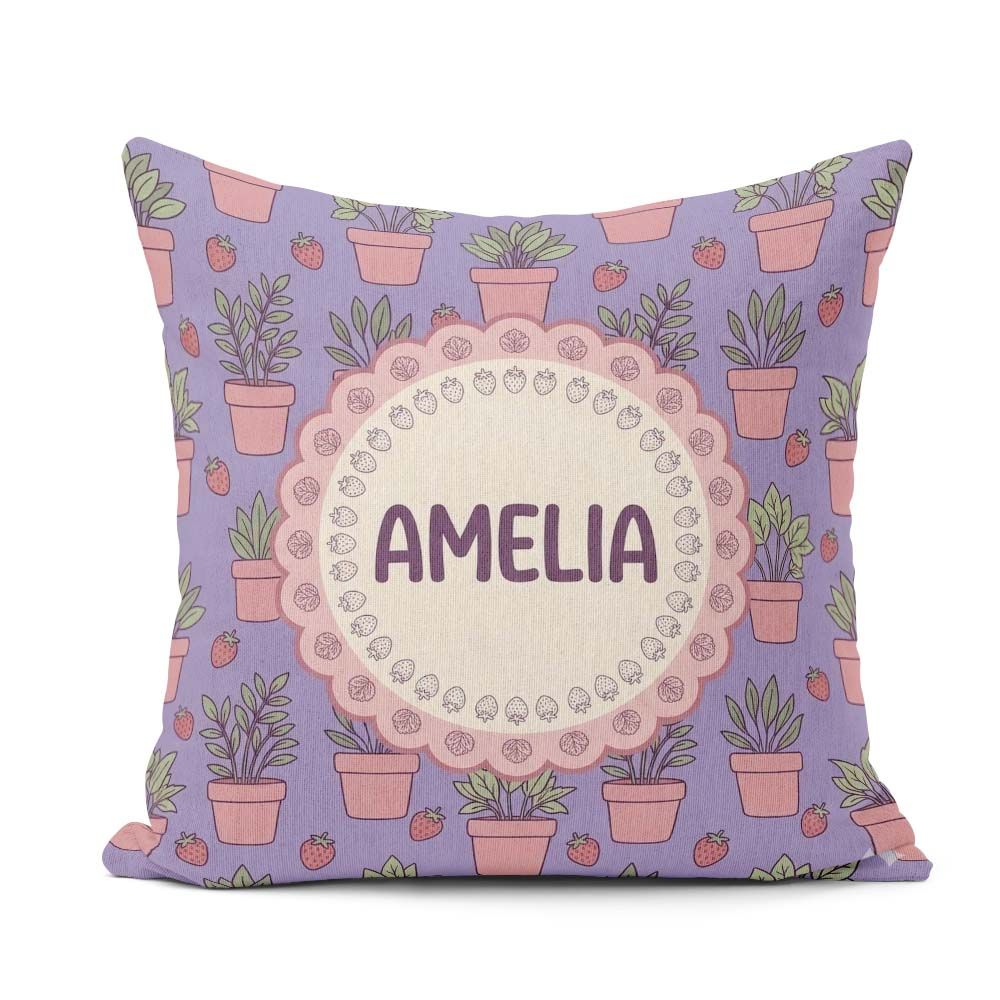 Custom Name Pink Plant Pots Strawberry Seamless Pattern Lavender Square Filled Cushion Throw Pillow Sofa Bed Home Decor Zip Washable UK Made