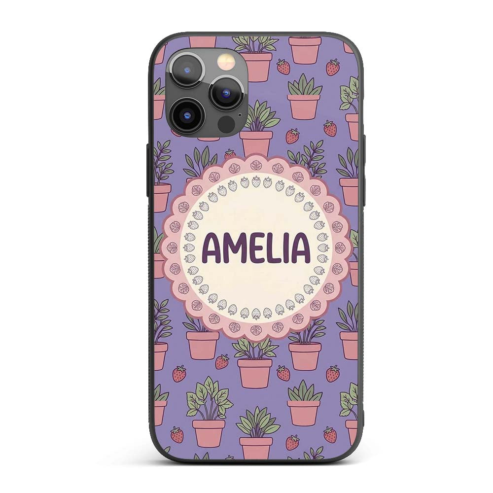 Cute Pink Plant Pots Leaves Strawberry Seamless Custom Name Protective Phone Case Mobile Cover Durable Everyday Smartphone Shock Resistant