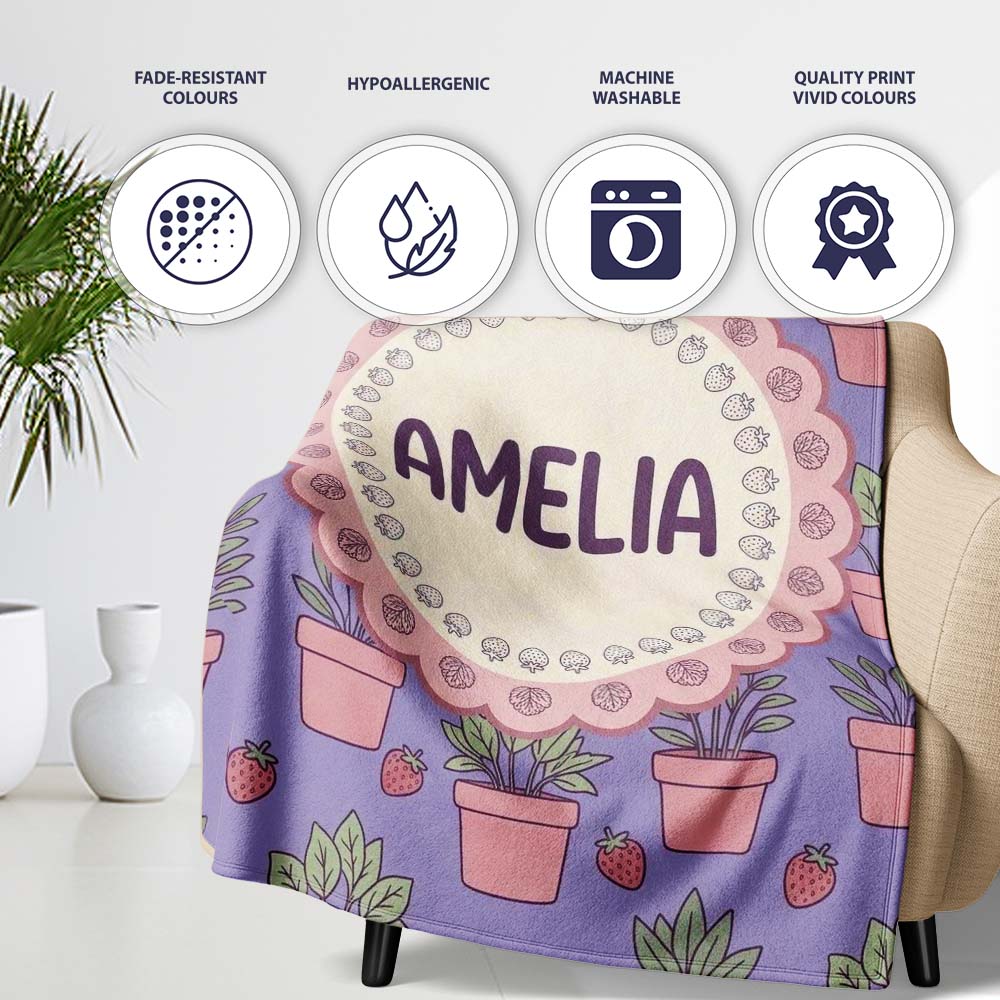 Cute Pink Plant Pots Leaves Strawberry Seamless Pattern Lavender Personalised Custom Name Super Soft Fleece Blanket Bed Sofa Throw
