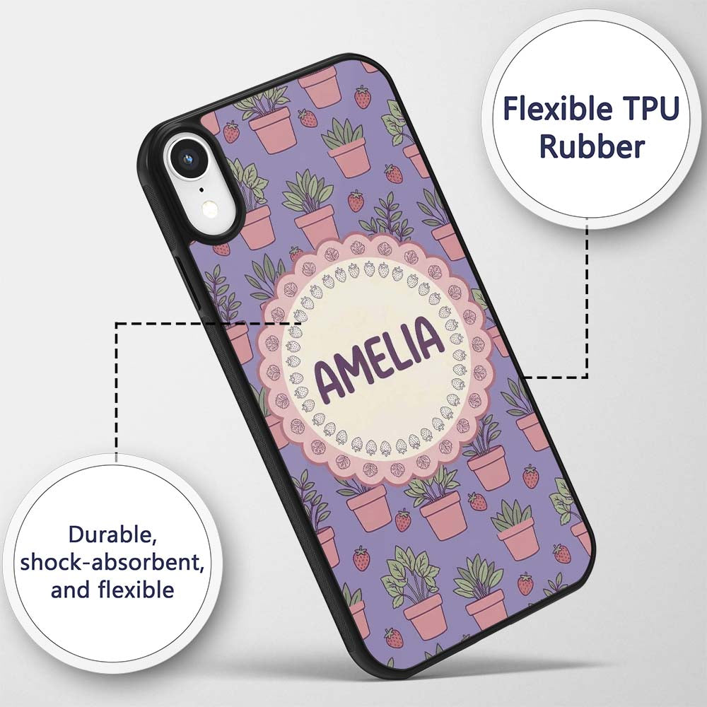 Cute Pink Plant Pots Leaves Strawberry Seamless Custom Name Protective Phone Case Mobile Cover Durable Everyday Smartphone Shock Resistant