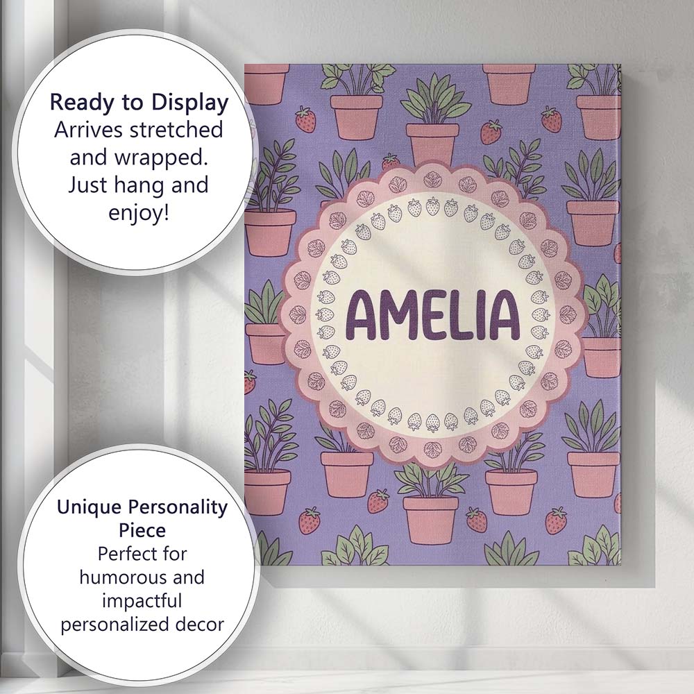 Personalised Name Cute Pink Plant Pots Custom Modern Room Accent Elegant Feature Canvas Wall Art Print Decor Picture Ready to Hang