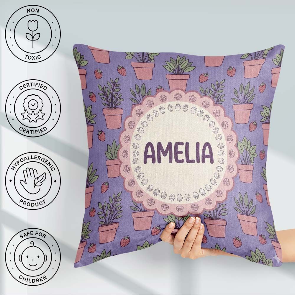 Custom Name Pink Plant Pots Strawberry Seamless Pattern Lavender Square Filled Cushion Throw Pillow Sofa Bed Home Decor Zip Washable UK Made
