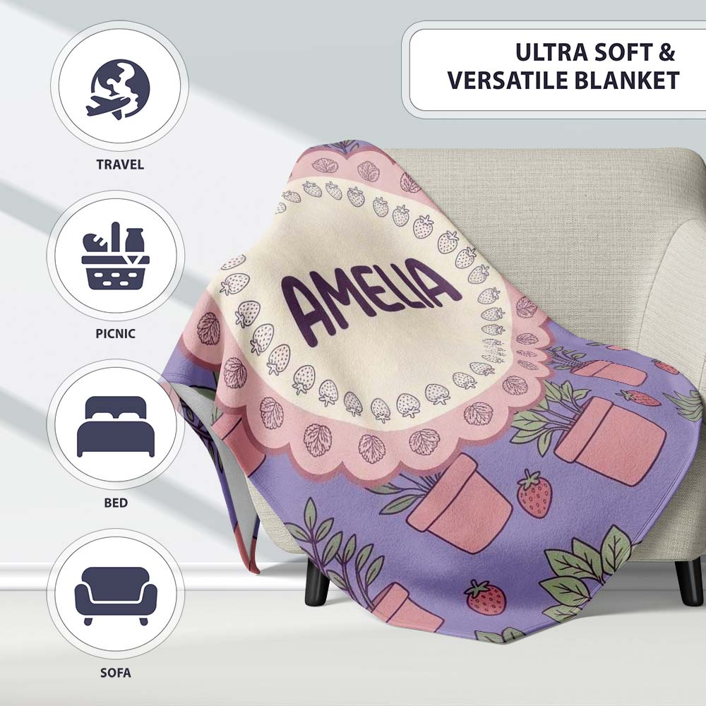 Cute Pink Plant Pots Leaves Strawberry Seamless Pattern Lavender Personalised Custom Name Super Soft Fleece Blanket Bed Sofa Throw