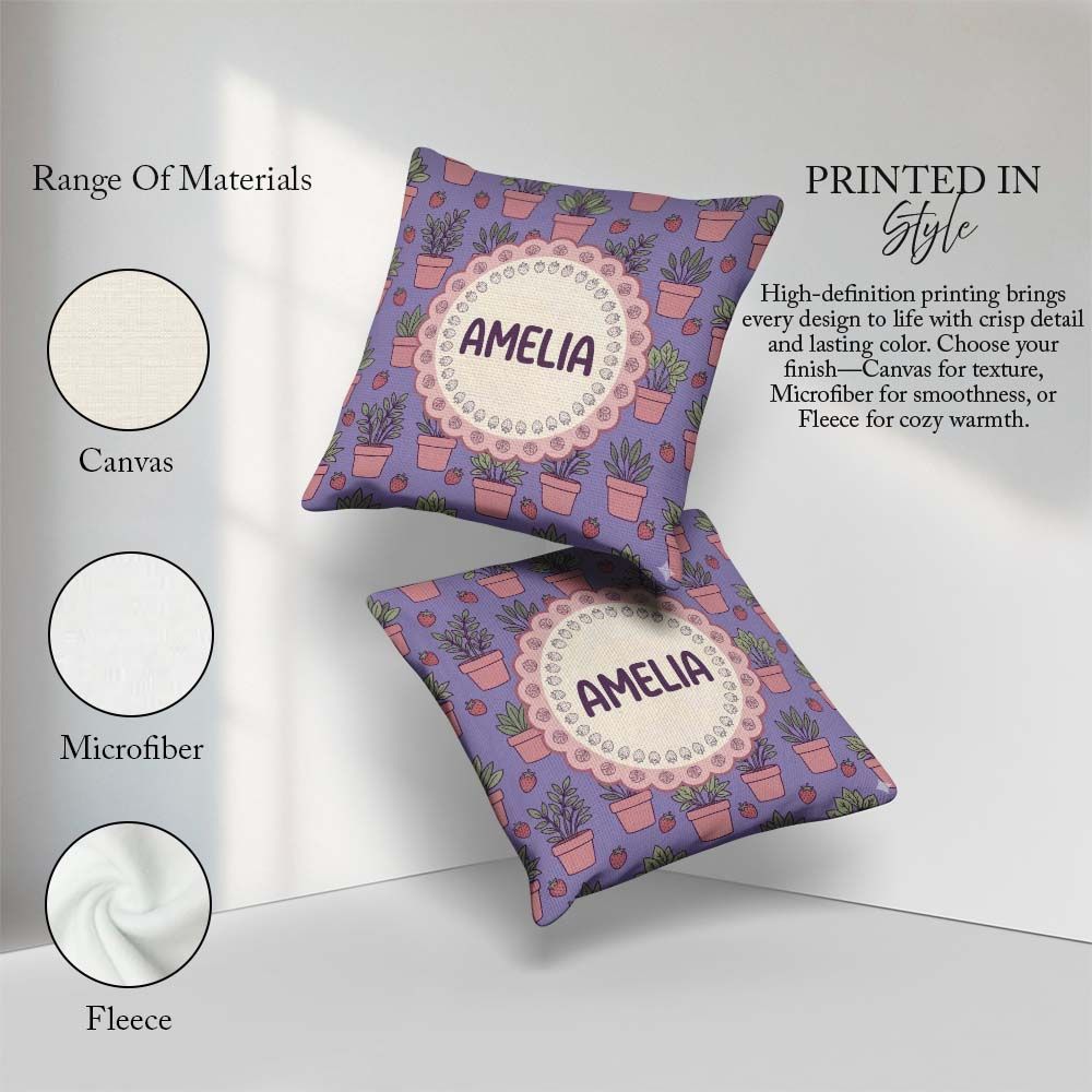 Custom Name Pink Plant Pots Strawberry Seamless Pattern Lavender Square Filled Cushion Throw Pillow Sofa Bed Home Decor Zip Washable UK Made