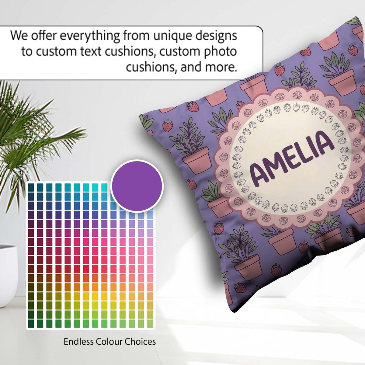 Custom Name Pink Plant Pots Strawberry Seamless Pattern Lavender Square Filled Cushion Throw Pillow Sofa Bed Home Decor Zip Washable UK Made