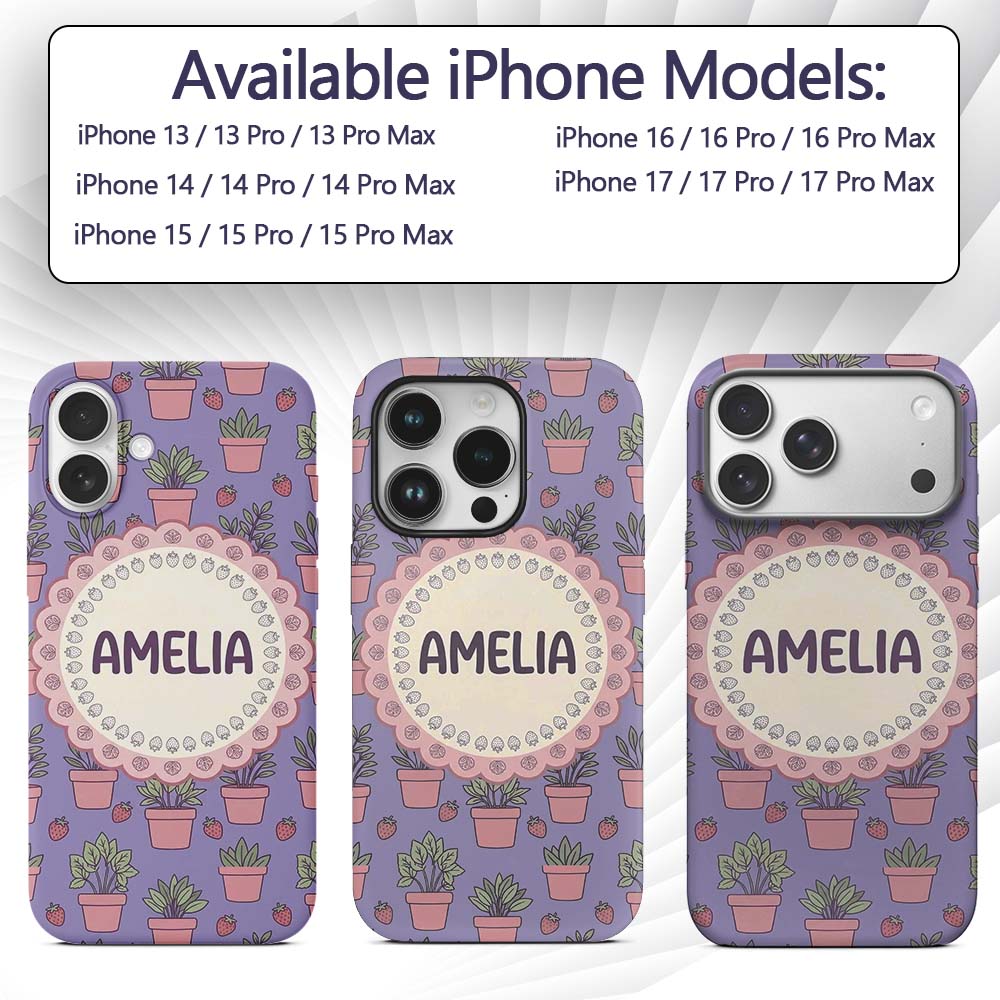 Cute Pink Plant Pots Leaves Strawberry Seamless Custom Name Protective Phone Case Mobile Cover Durable Everyday Smartphone Shock Resistant
