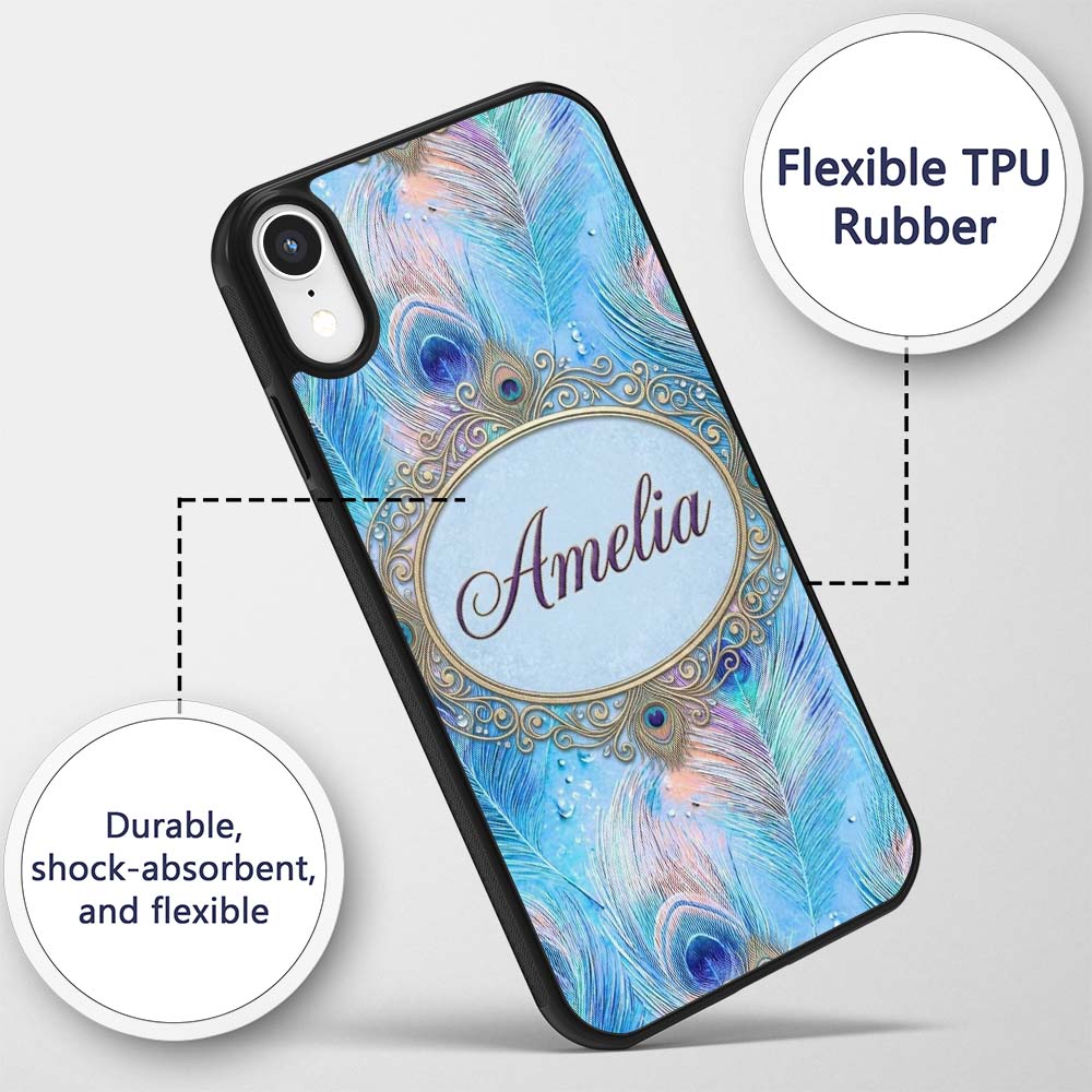 Peacock Feather Iridescent Blue Printed Design Custom Name Protective Phone Case Mobile Cover Durable Everyday Smartphone Shock Resistant
