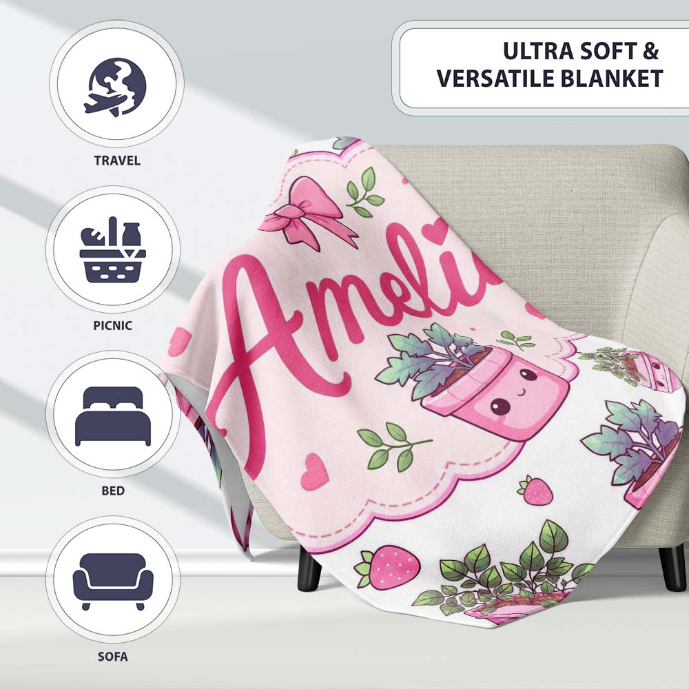 Cute Pink Plant Pots Leaves Strawberry Seamless Pattern Light Grey Personalised Custom Name Super Soft Fleece Blanket Bed Sofa Throw
