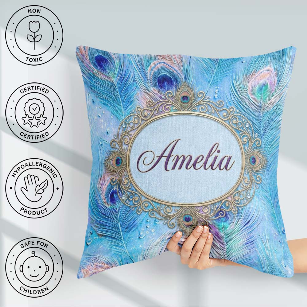 Custom Name Peacock Feather Iridescent Blue Watercolor Seamless Square Filled Cushion Throw Pillow Sofa Bed Home Decor Zip Washable UK Made