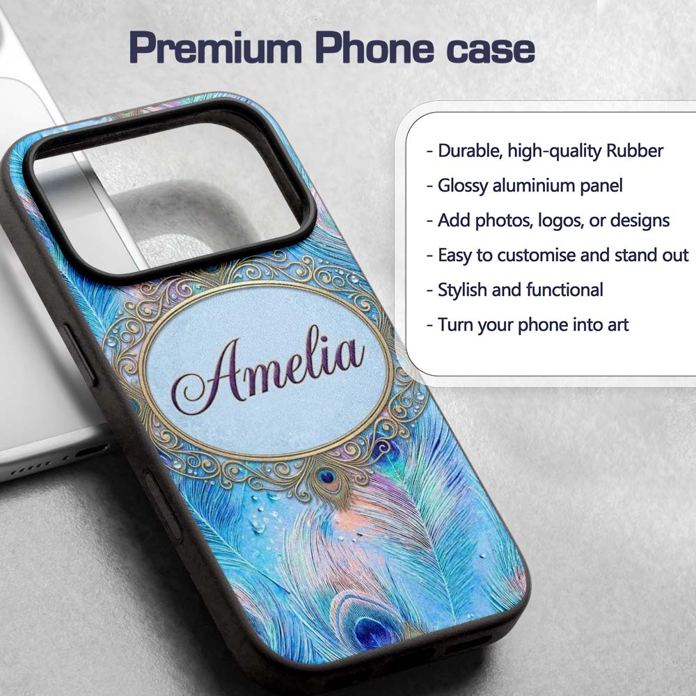 Peacock Feather Iridescent Blue Printed Design Custom Name Protective Phone Case Mobile Cover Durable Everyday Smartphone Shock Resistant