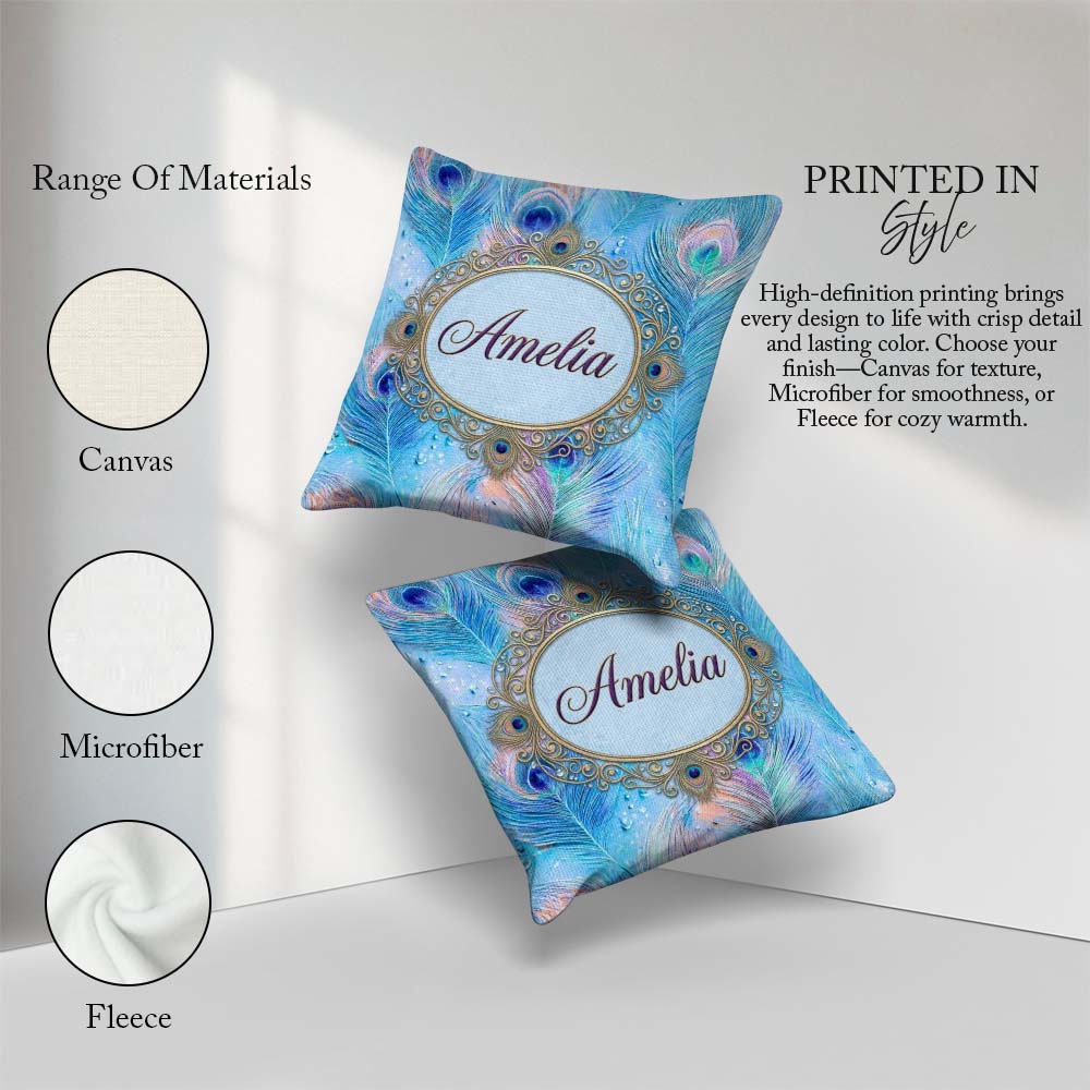 Custom Name Peacock Feather Iridescent Blue Watercolor Seamless Square Filled Cushion Throw Pillow Sofa Bed Home Decor Zip Washable UK Made