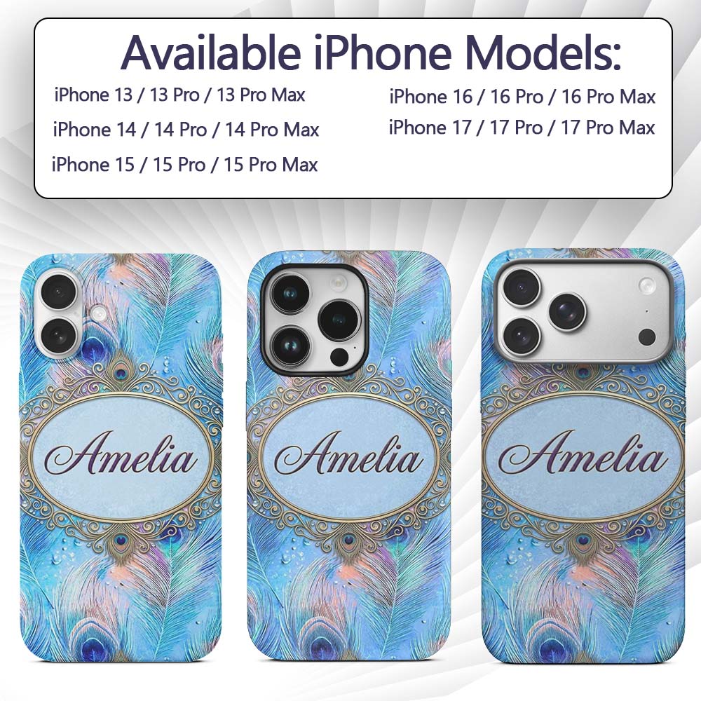 Peacock Feather Iridescent Blue Printed Design Custom Name Protective Phone Case Mobile Cover Durable Everyday Smartphone Shock Resistant