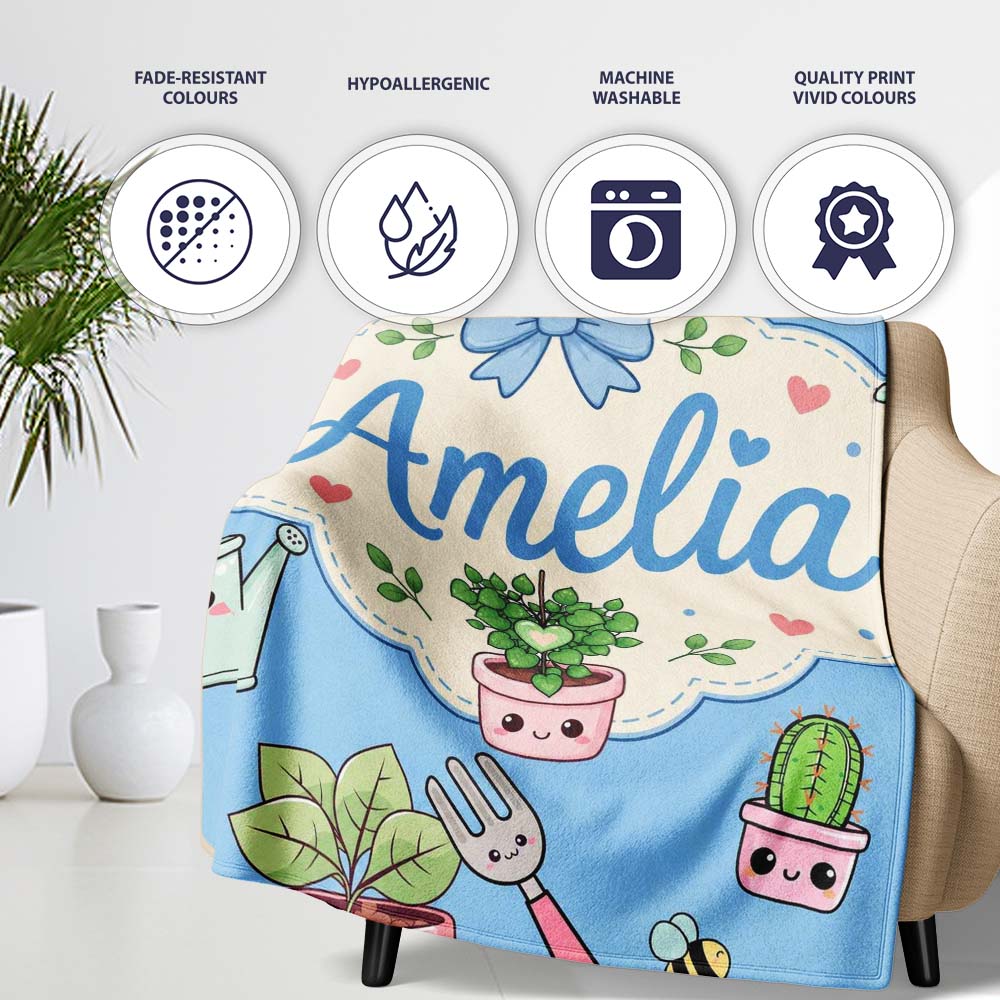 Cute Kawaii Garden Tools Plants Bees Seamless Pattern Blue Lovely Personalised Custom Name Super Soft Fleece Blanket Bed Sofa Throw