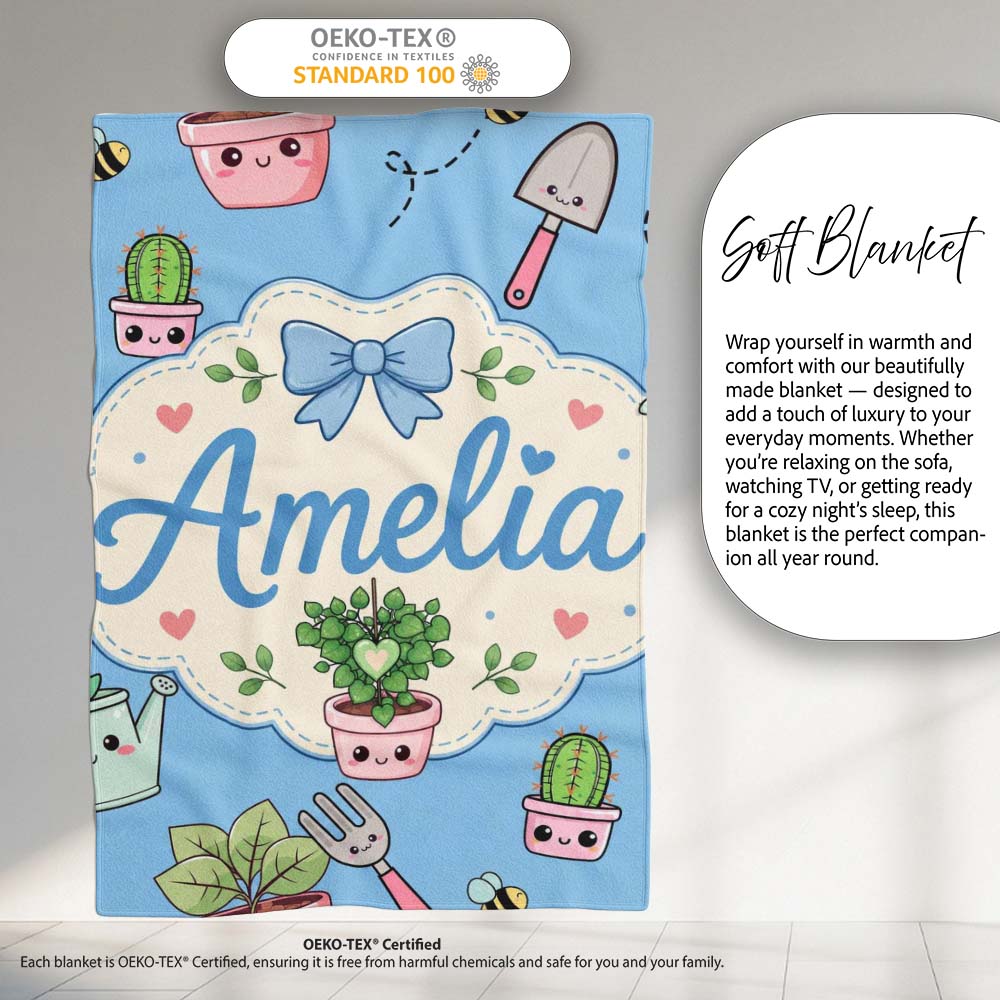 Cute Kawaii Garden Tools Plants Bees Seamless Pattern Blue Lovely Personalised Custom Name Super Soft Fleece Blanket Bed Sofa Throw