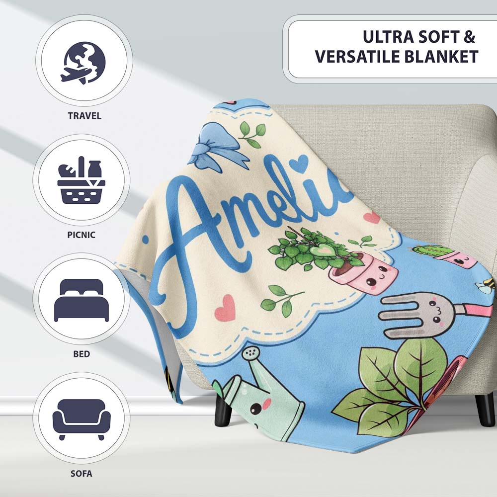 Cute Kawaii Garden Tools Plants Bees Seamless Pattern Blue Lovely Personalised Custom Name Super Soft Fleece Blanket Bed Sofa Throw