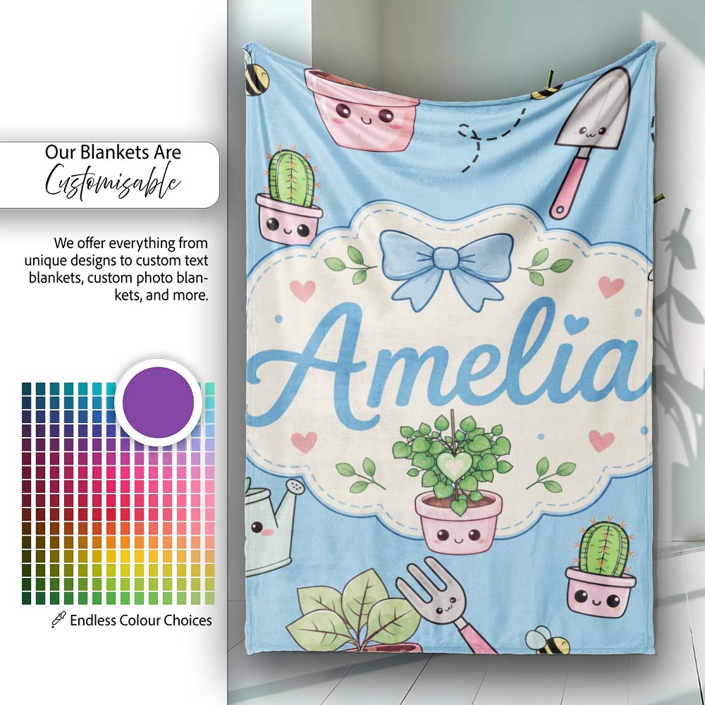 Cute Kawaii Garden Tools Plants Bees Seamless Pattern Blue Lovely Personalised Custom Name Super Soft Fleece Blanket Bed Sofa Throw
