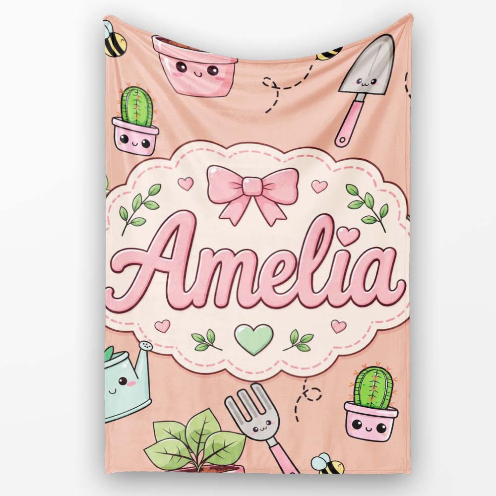 Cute Kawaii Garden Tools Plants Bees Seamless Pattern Peach Lovely Personalised Custom Name Super Soft Fleece Blanket Bed Sofa Throw
