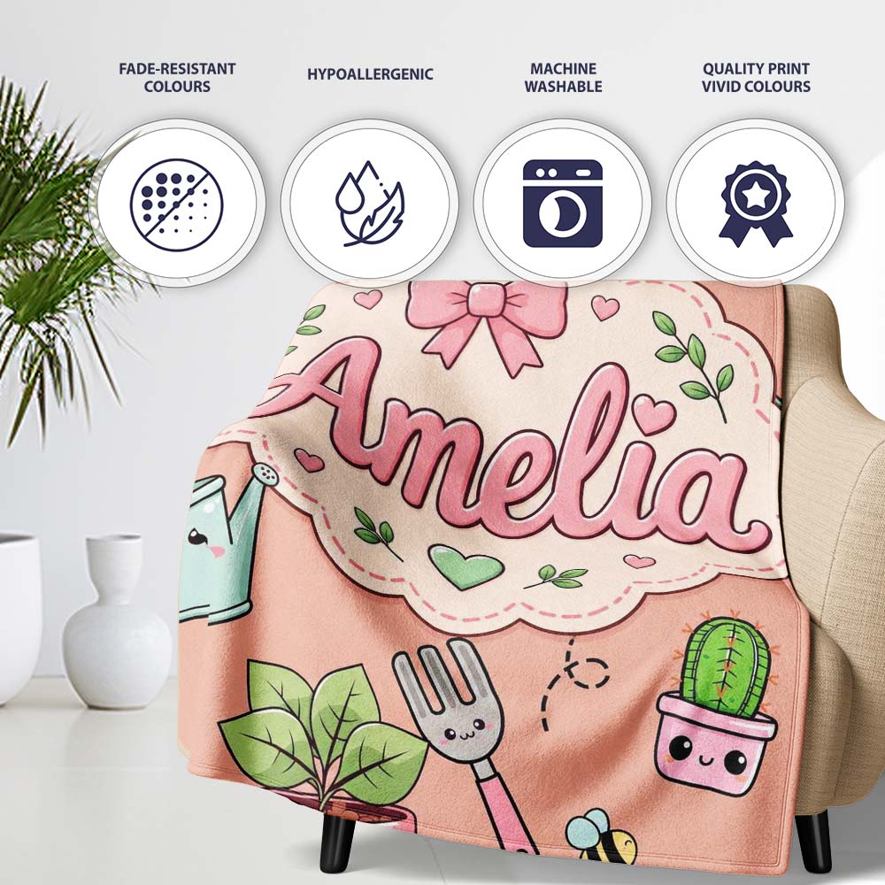 Cute Kawaii Garden Tools Plants Bees Seamless Pattern Peach Lovely Personalised Custom Name Super Soft Fleece Blanket Bed Sofa Throw
