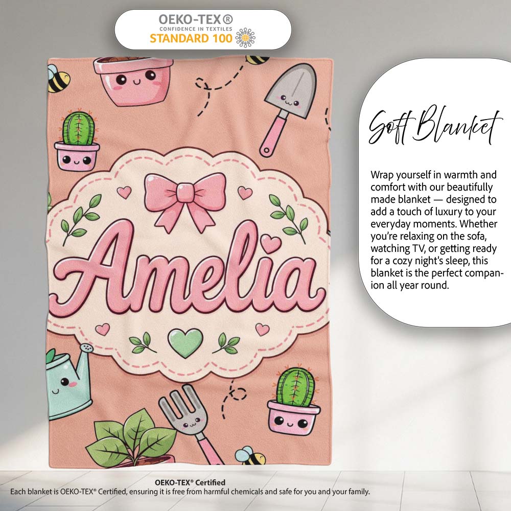 Cute Kawaii Garden Tools Plants Bees Seamless Pattern Peach Lovely Personalised Custom Name Super Soft Fleece Blanket Bed Sofa Throw