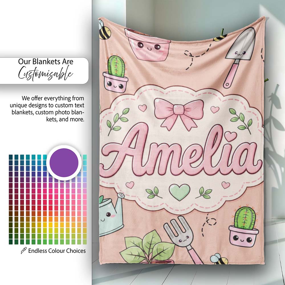 Cute Kawaii Garden Tools Plants Bees Seamless Pattern Peach Lovely Personalised Custom Name Super Soft Fleece Blanket Bed Sofa Throw