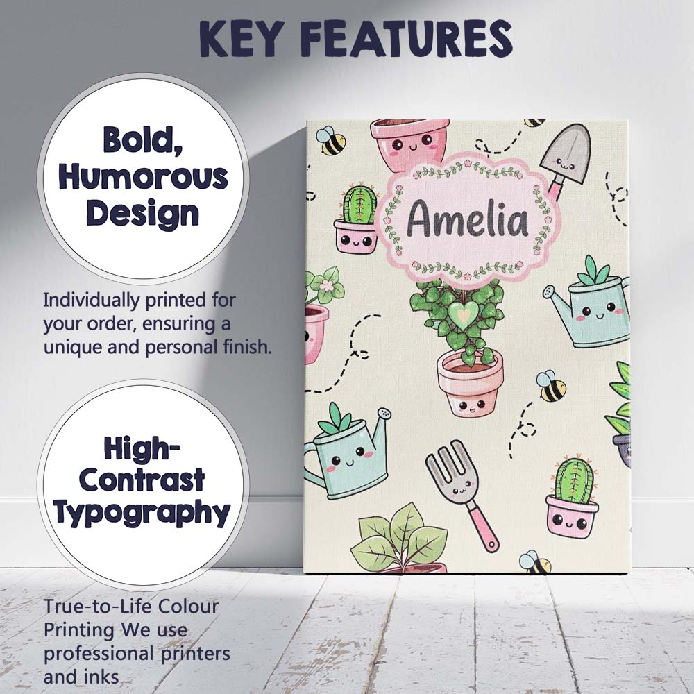 Personalised Name Cute Kawaii Garden Tools Custom Unique Gift Idea Elegant Feature Canvas Wall Art Print Decor Picture Ready to Hang