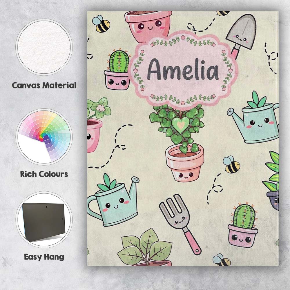 Personalised Name Cute Kawaii Garden Tools Custom Unique Gift Idea Elegant Feature Canvas Wall Art Print Decor Picture Ready to Hang