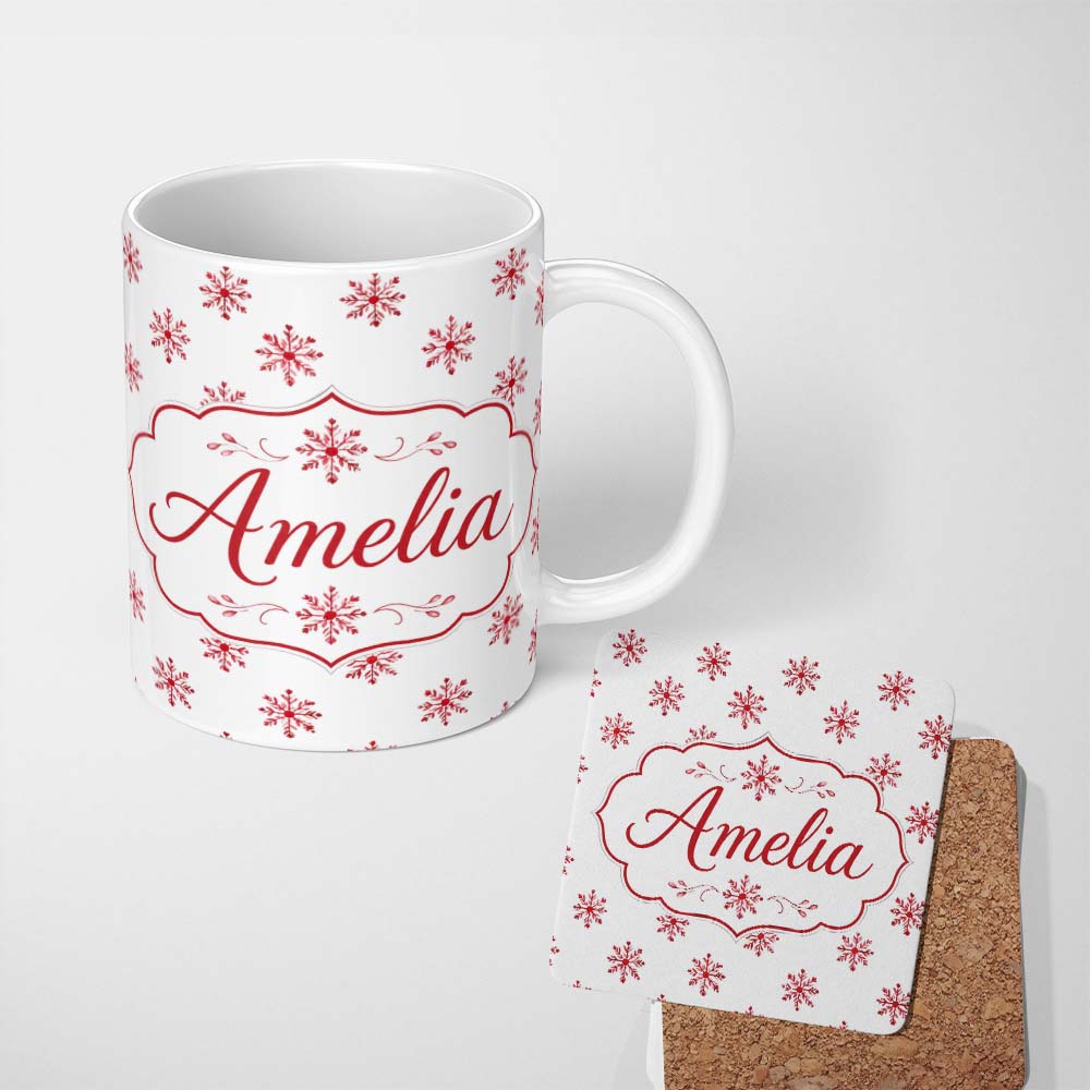 Personalized Custom Name Minimal Red Snowflake Winter Holiday Seamless Pattern Lovely 11oz Ceramic Coffee Tea Mug White Large Handle