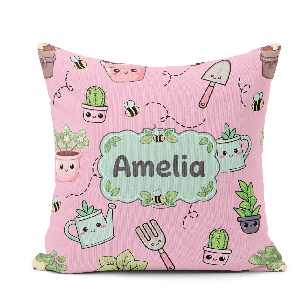 Custom Name Cute Kawaii Garden Plants Bees Seamless Pattern Pink Square Filled Cushion Throw Pillow Sofa Bed Home Decor Zip Washable UK Made