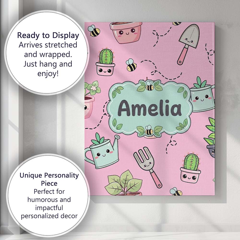 Personalised Name Cute Kawaii Garden Tools Custom Unique Gift Idea Elegant Feature Canvas Wall Art Print Decor Picture Ready to Hang
