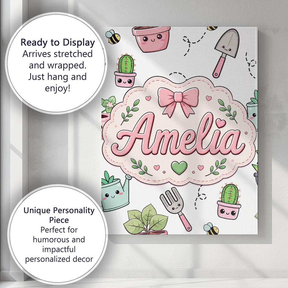 Personalised Name Cute Kawaii Garden Tools Custom Unique Gift Idea Elegant Feature Canvas Wall Art Print Decor Picture Ready to Hang