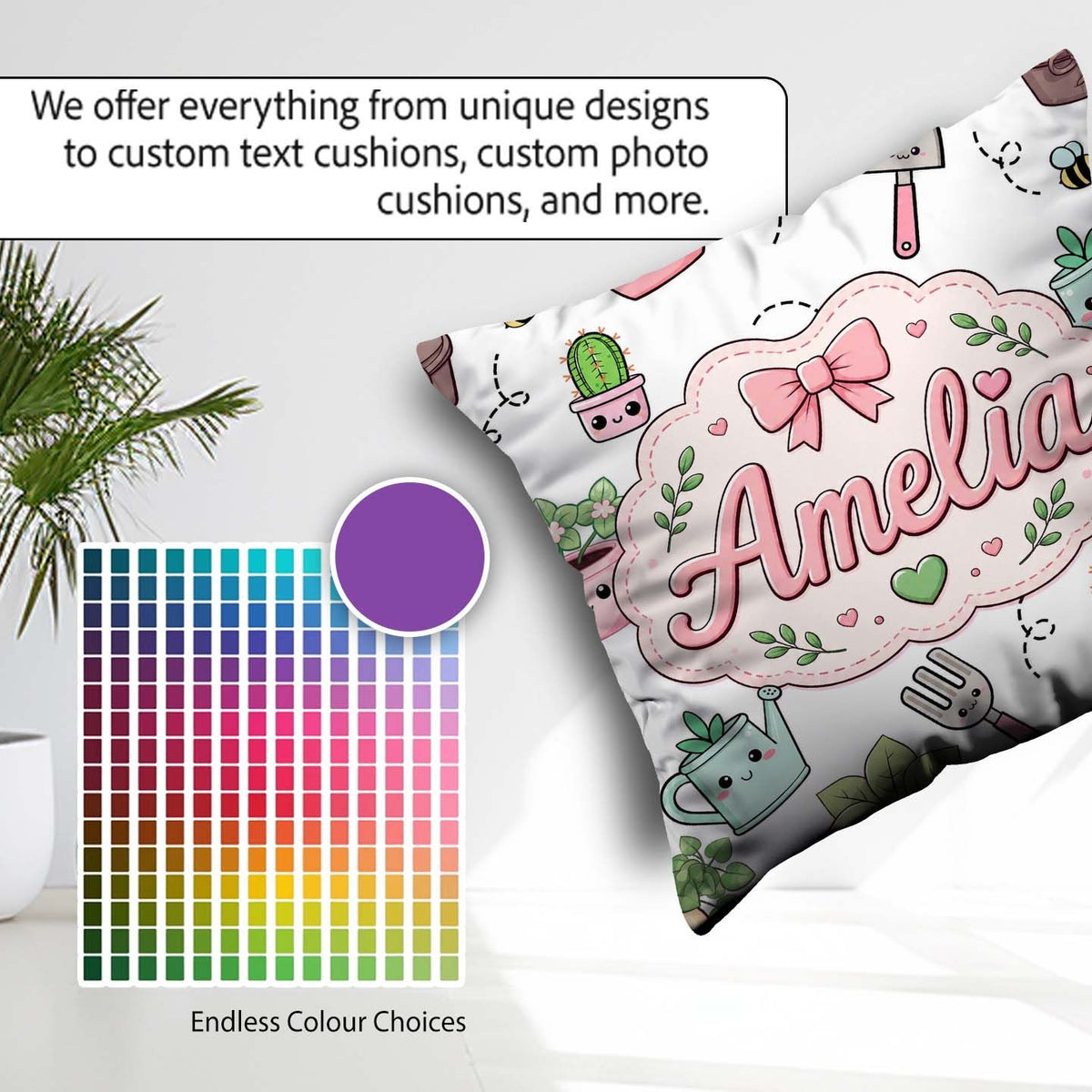 Custom Name Cute Kawaii Garden Plants Bees Seamless Pattern Grey Square Filled Cushion Throw Pillow Sofa Bed Home Decor Zip Washable UK Made