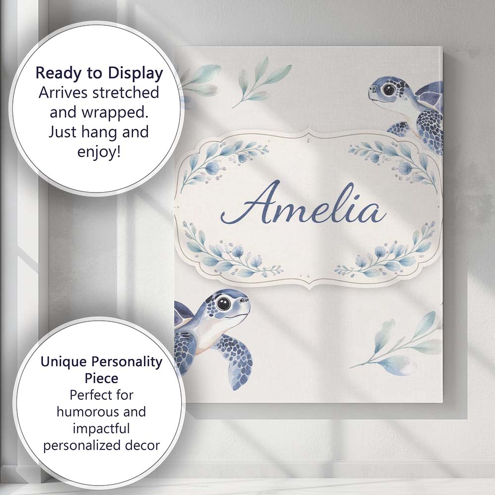 Personalised Name Watercolor Sea Turtle Ocean Minimal Leaf Seamless Custom Canvas Wall Art Print Decor Picture Ready to Hang