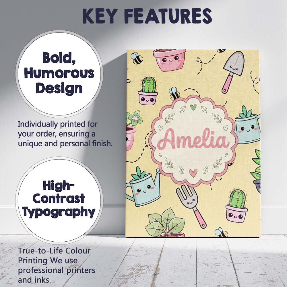 Personalised Name Cute Kawaii Garden Tools Custom Unique Gift Idea Elegant Feature Canvas Wall Art Print Decor Picture Ready to Hang