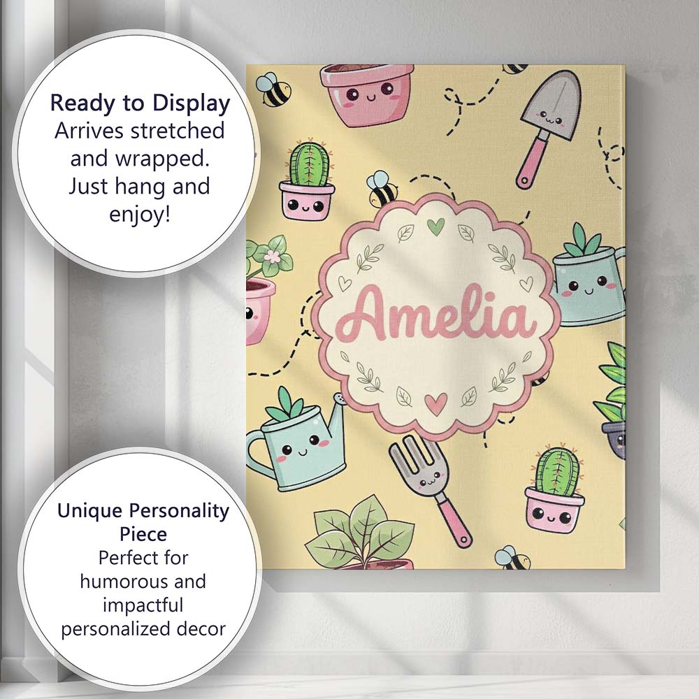 Personalised Name Cute Kawaii Garden Tools Custom Unique Gift Idea Elegant Feature Canvas Wall Art Print Decor Picture Ready to Hang