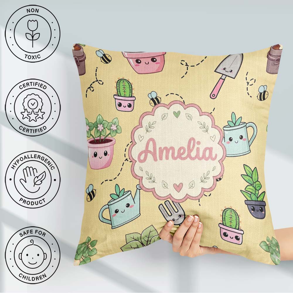 Custom Name Cute Kawaii Garden Tools Plants Bees Seamless Yellow Square Filled Cushion Throw Pillow Sofa Bed Home Decor Zip Washable UK Made